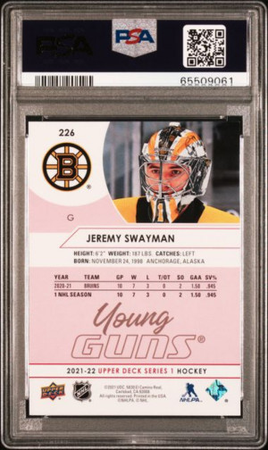 2021 Young Guns Exclusives /100 Jeremy Swayman #226 PSA 8 Rookie RC back