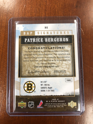 Patrice Bergeron Be A Player Autograph back