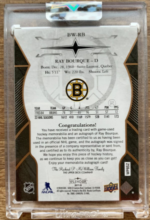 2017-18 Upper Deck Splendor Copper Ray Bourque 11/12 Game Used Stick Auto back