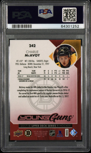 Charlie McAvoy 2017 Upper Deck Young Guns Exclusive 92/100 - PSA 9 back