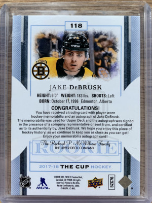 2017-18 The Cup Jake Debrusk Rookie Patch Auto /249 back