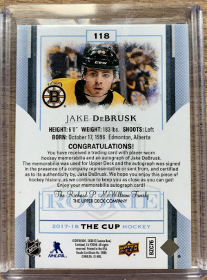 2017-18 The Cup Jake Debrusk Rookie Patch Auto /249 back