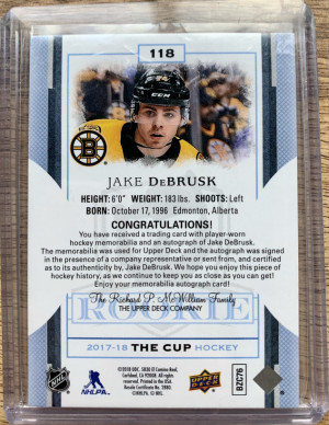 2017-18 The Cup Jake Debrusk Rookie Patch Auto /249 back