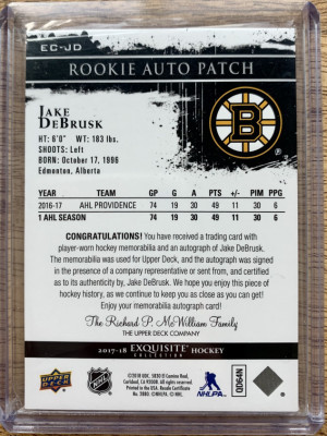 2017-18 Exquisite Collection Jake Debrusk Rookie Patch Auto /74 back
