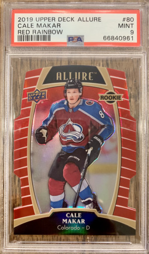 2019 Allure Cale Makar Rookie Red Rainbow PSA 9 front