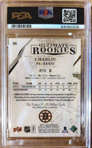 Charlie McAvoy Ultimate Rookies Auto /99 PSA 10 back