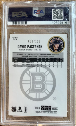 2014 OPC Platinum David Pastrnak Rookie Red Prism /135 PSA 10 back