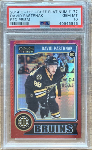 2014 OPC Platinum David Pastrnak Rookie Red Prism /135 PSA 10 front
