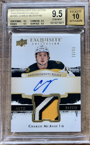 2017-18 The Cup Exquisite Endorsements Relics /50 Charlie McAvoy Rookie Patch Auto RC BGS 9.5 | Auto 10 front