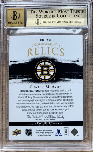 2017-18 The Cup Exquisite Endorsements Relics /50 Charlie McAvoy Rookie Patch Auto RC BGS 9.5 | Auto 10 back