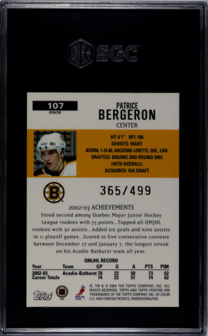 2003-04 Topps Pristine Patrice Bergeron Refractor /499 SGC 10 back