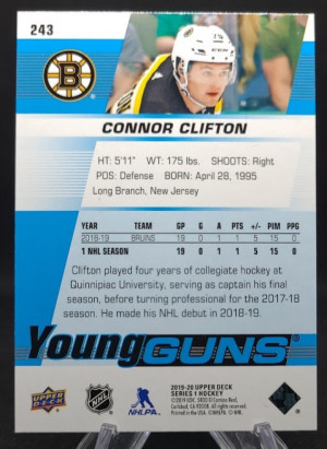 Connor Clifton 2019-20 Upper Deck Young Guns #243 back