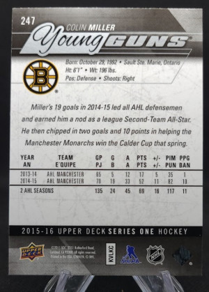 Colin Miller 2015-16 Upper Deck Young Guns #247 back