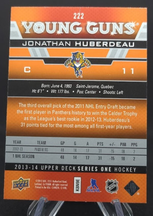 Jonathan Huberdeau 2013-14 Upper Deck Young Guns #222 back