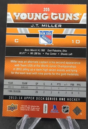 J.T. Miller 2013-14 Upper Deck Young Guns #205 back