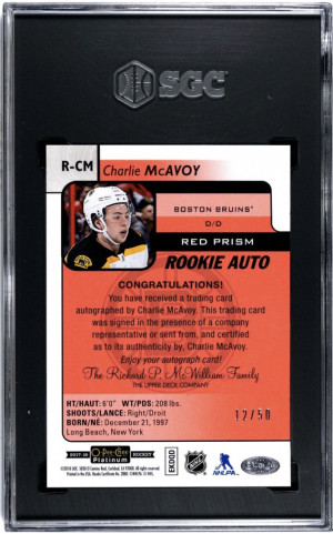 2017-18 O-Pee-Chee Platinum Charlie McAvoy Red Prism /50 Rookie Auto SGC 9.5 RC back