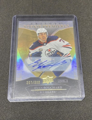 2018-19 Upper Deck Trilogy Evan Bouchard Rookie Premieres Auto /399 Level 2 front