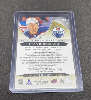 2018-19 Upper Deck Trilogy Evan Bouchard Rookie Premieres Auto /399 Level 2 back