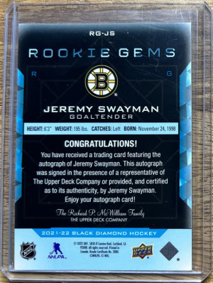 Jeremy Swayman 2021-22 Upper Deck Black Diamond Rookie Gems RC Auto /199 #RG-JS back