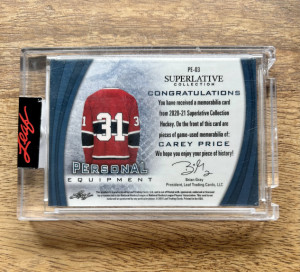 2020-21 Leaf Superlative Carey Price Equipment Memorabilia 5/12 Game Used back