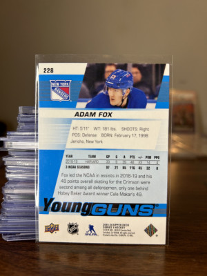 2019-20 UD ADAM FOX YOUNG GUNS ROOKIE!!! Gem mint back