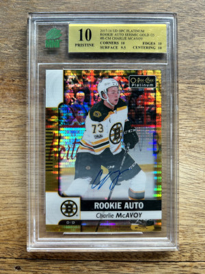 Charlie McAvoy OPC Platinum Seismic Gold 25/25 Mint 10 | Auto 10 front