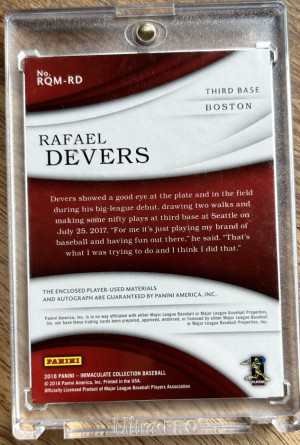 RAFAEL DEVERS RC 2018 IMMACULATE QUAD MATERIALS ROOKIE AUTO Game Used /99 back
