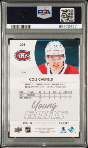 2021-22 Upper Deck Cole Caufield Young Guns Rookie PSA 10 back