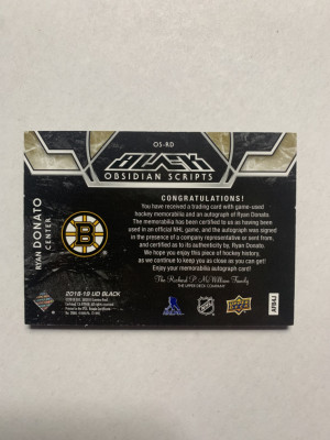 2018-19 SPx UD Black Obsidian Material Scripts 17/49 Ryan Donato Rookie Auto RC back