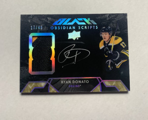 2018-19 SPx UD Black Obsidian Material Scripts 17/49 Ryan Donato Rookie Auto RC front