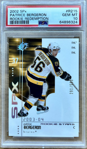 2002 SPx ROOKIE REDEMPTION #R215 PATRICE BERGERON RC #/500 PSA 10 front