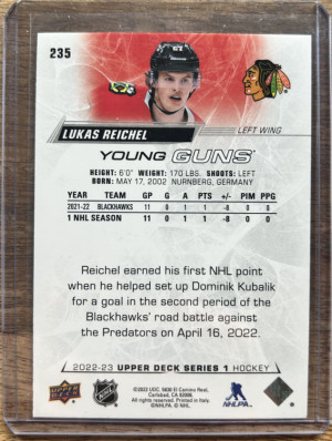 2022-23 Young Guns Lukas Reichel Rookie back