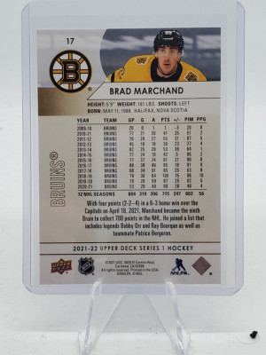 Brad Marchand 2021-22 Upper Deck Speckled Rainbow Foil SP back