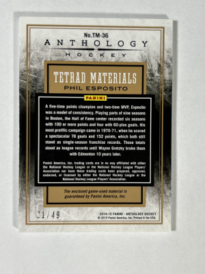 2014-15 Panini Anthology Hockey Tetrad Materials /49 Phil Esposito Game-Used (1xJersey 3xStick) #TM-36 back