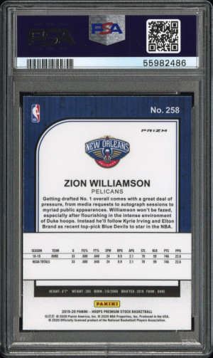 Zion Williamson Rookie Card 2019 Hoops Premium Stock Silver Prizm RC 258 PSA 9 back