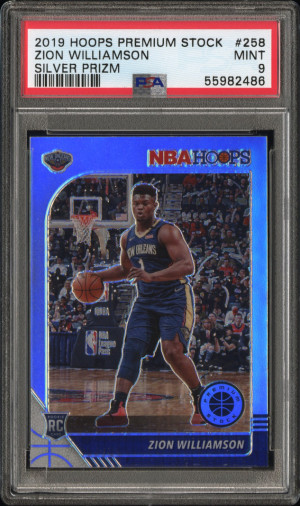 Zion Williamson Rookie Card 2019 Hoops Premium Stock Silver Prizm RC 258 PSA 9 front