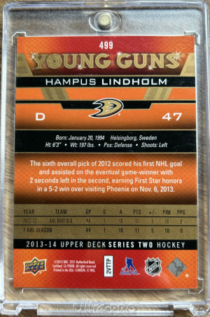 2013-14 Upper Deck Hampus Lindholm Young Guns Exclusive /100 back