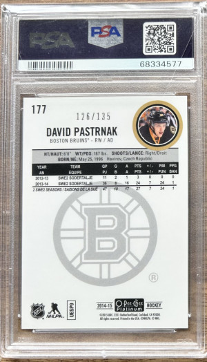 2014-15 O-Pee-Chee Platinum Red Prism /135 David Pastrnak #177 Rookie RC - PSA 10 back