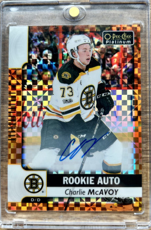 2017-18 O-Pee-Chee Platinum Charlie McAvoy Rookie RC Orange Checkers Auto /15 front