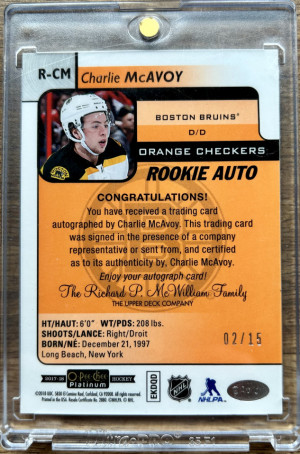 2017-18 O-Pee-Chee Platinum Charlie McAvoy Rookie RC Orange Checkers Auto /15 back