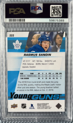 Rasmus Sandin 2019-20 Upper Deck Young Guns #222 back