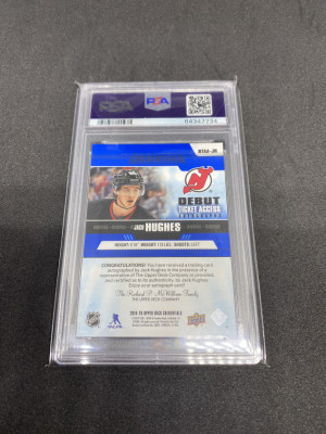 2020-21 Upper Deck Credentials Jack Hughes Blue Debut Access Ticket Autographs /299 PSA 9 back