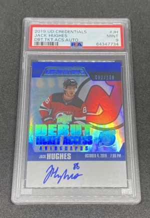 2020-21 Upper Deck Credentials Jack Hughes Blue Debut Access Ticket Autographs /299 PSA 9 front