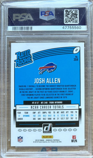 2018 Donruss Josh Allen Rated Rookie Card RC #304 PSA 10 Bills back