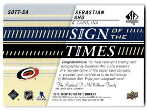 SEBASTIAN AHO Sign Of The Times AUTO HURRICANES!!! Hat Trick! back