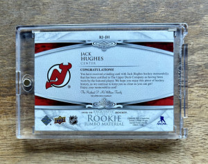 2019-20 Jack Hughes Exquisite Collection Rookie Jumbo Patch 1/10 back