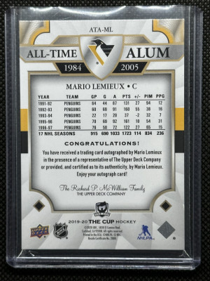 Mario Lemieux 19/20 The Cup All Time Alum auto back