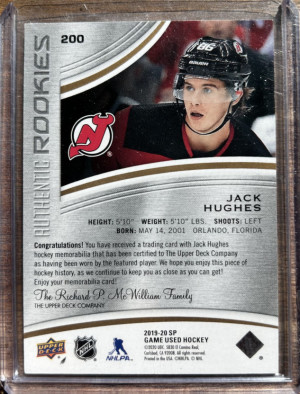 Jack Hughes SPGU Authentic Rookies 143/599 back