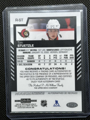 Tim Stützle 20/21 OPCP Rookie Autograph back