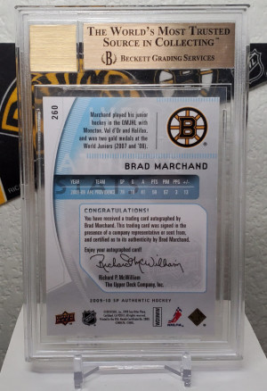 Brad Marchand 2009-10 SP Authentic Future Watch Rookie Auto BGS 9.5 / 10 Auto /999 back